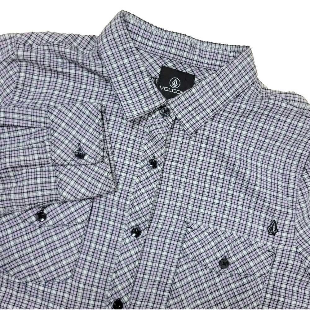 Volcom Mens Small White Pink Black Plaid Button Up Flannel Long Sleeve 2 Pocket